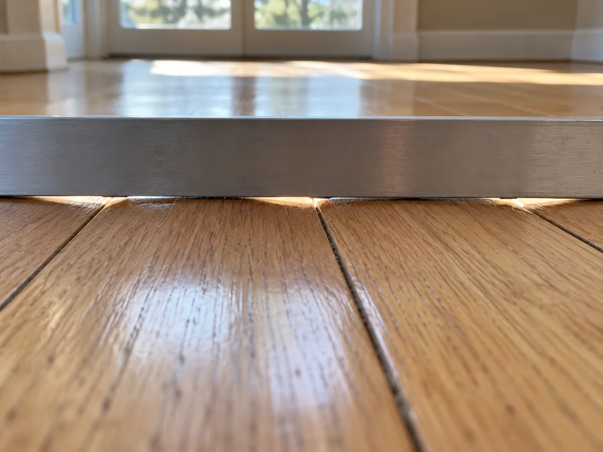 Aluminium straightedge laid across crowned floorboards, daylight showing through the gaps where it bridges the lower board edges
