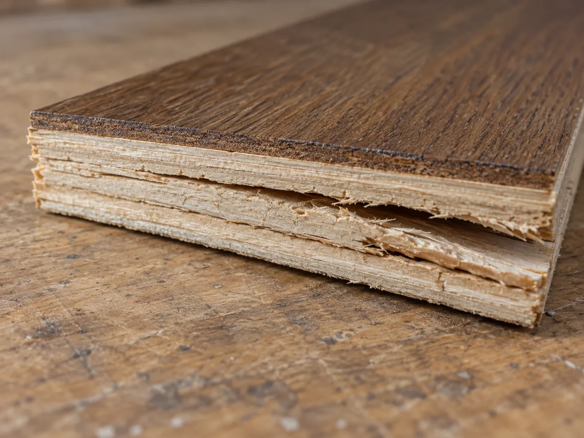 Cut end of an engineered plank on a workbench, the pale plies of its core swollen and split apart below an intact oak face