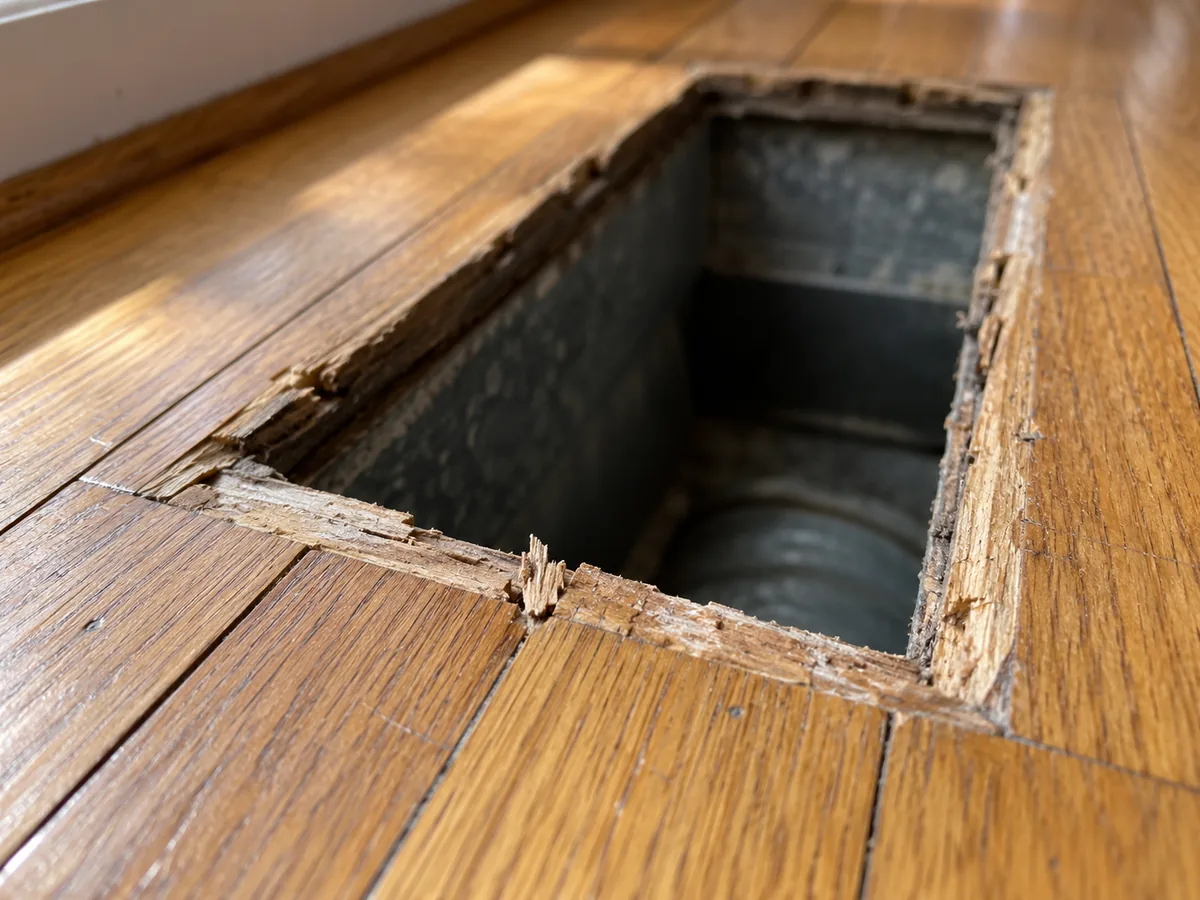 Floor vent opening with the register lifted out, the sawn board edges around it chipped and splintered at the corners