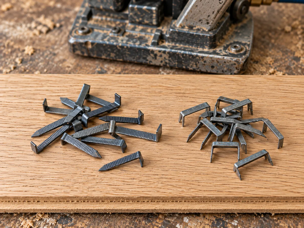 L-shaped ribbed flooring cleats in one loose pile and two-legged flooring staples in another, on an oak board beside a nailer