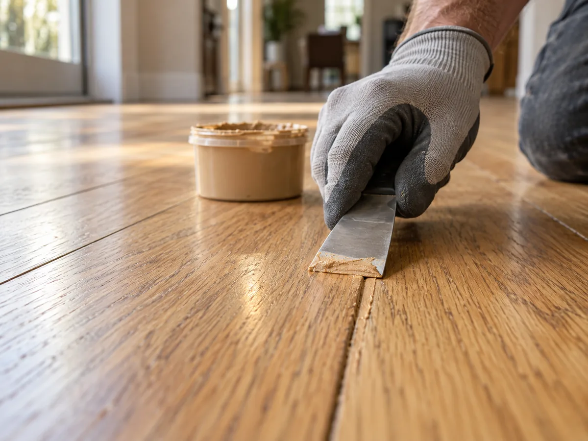 Putty knife pressing species-matched wood filler into one open joint between two oak floorboards