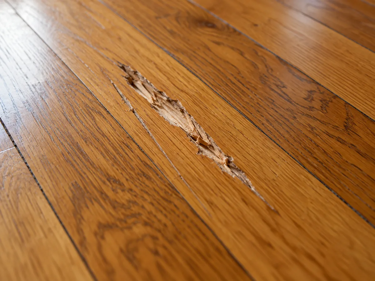 A deep gouge with torn pale fibres and two finer scratches running across two honey-oak floorboards