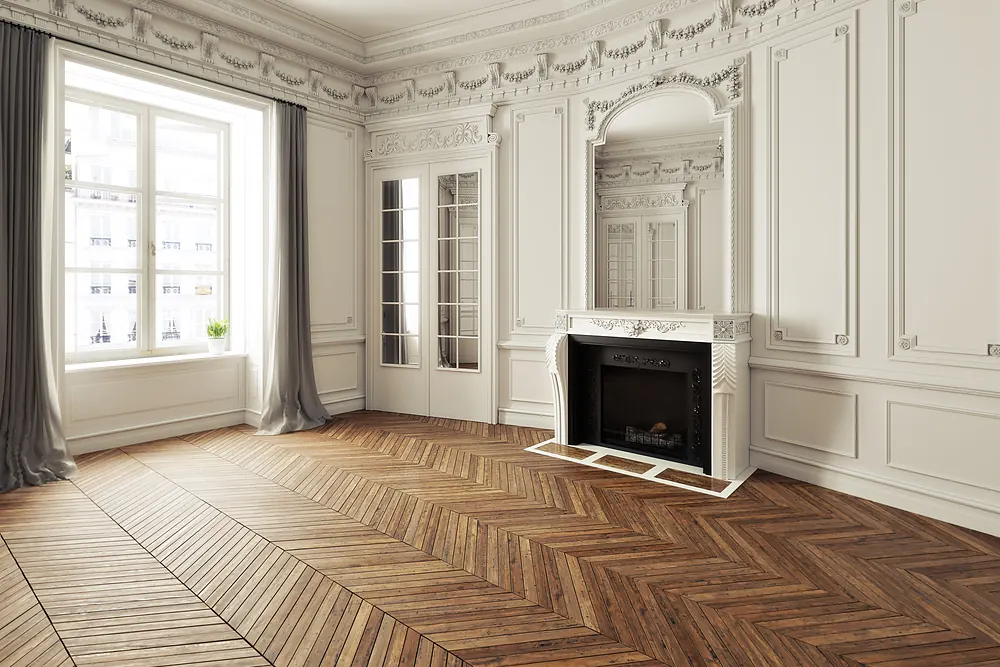 Herringbone hardwood floor in a formal parlor