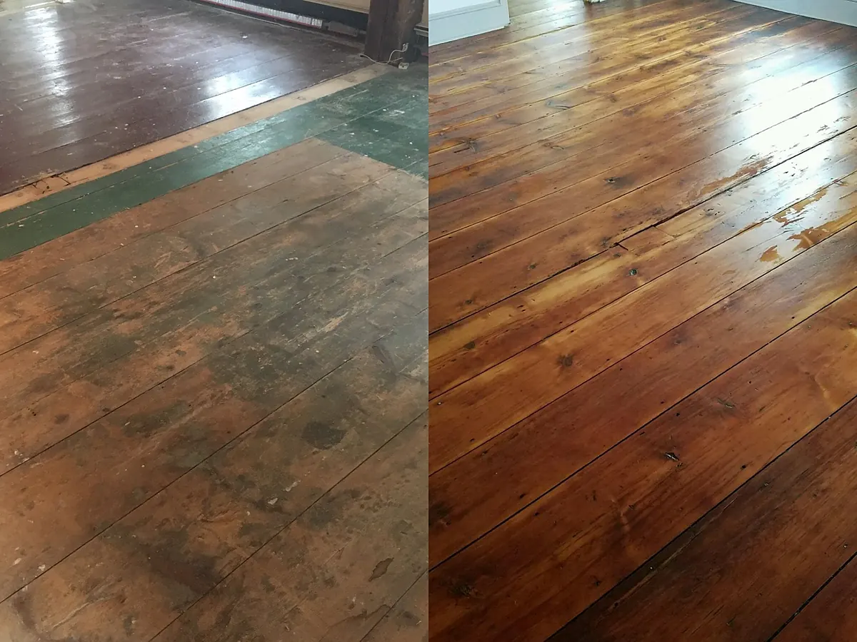 Historic hardwood floor before and after restoration, worn and painted boards beside refinished wood