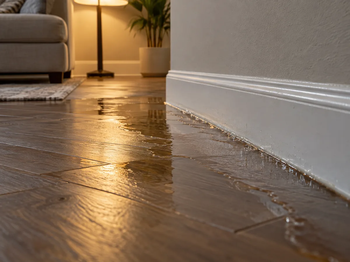 Clear water spread along the baseboard of a finished lower level, lying on an engineered wood floor laid over a concrete slab