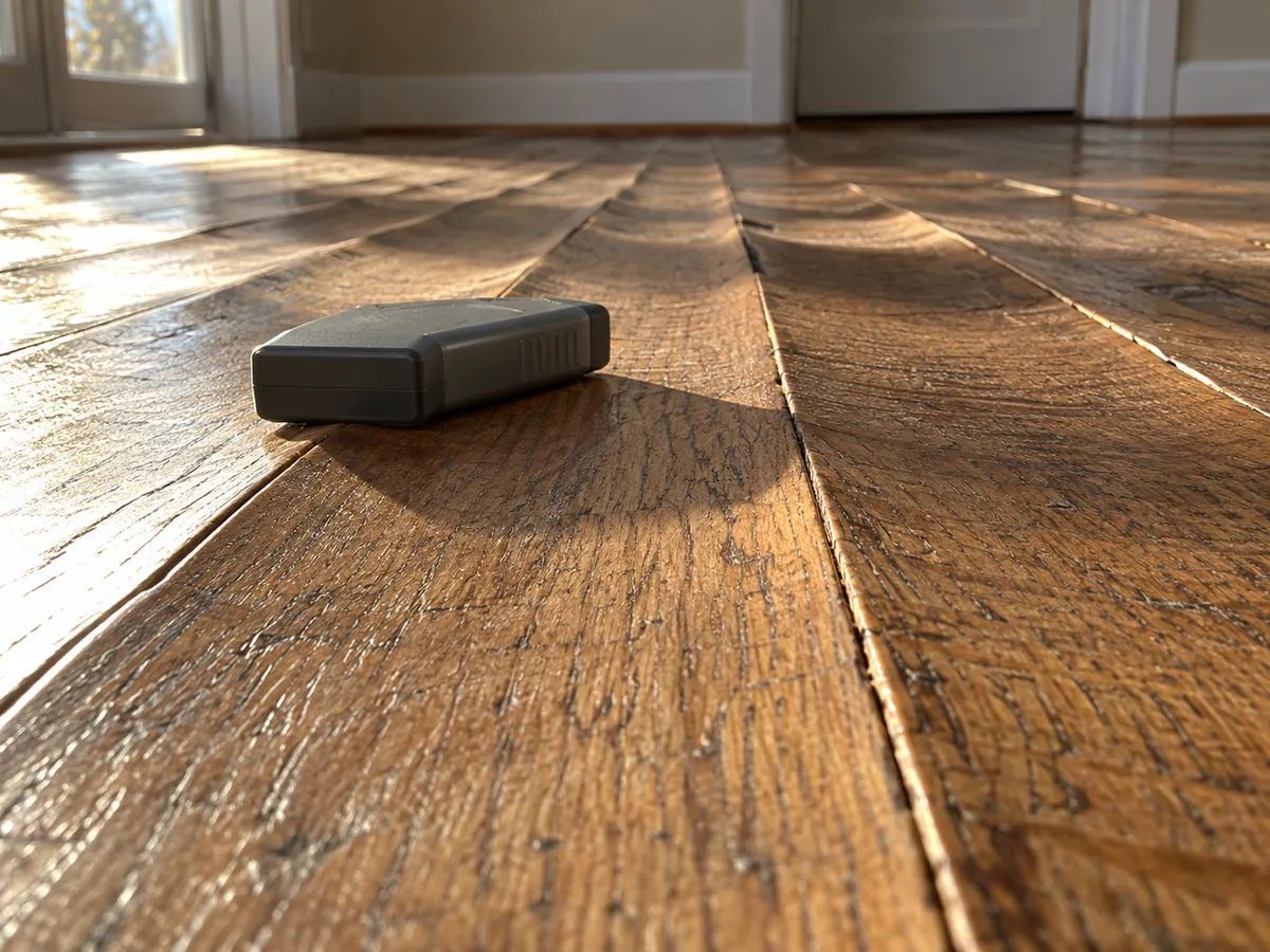 Handheld moisture meter resting on a cupped oak floorboard, the board edges standing proud of the dipped centres