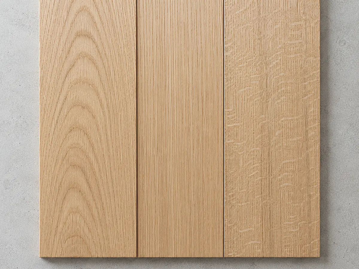 Plainsawn, riftsawn, and quartersawn white oak boards side by side, showing how the cut changes the grain