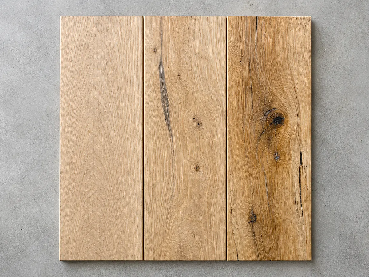 Select and Better, #1 Common with mineral streak, and character grade oak boards side by side
