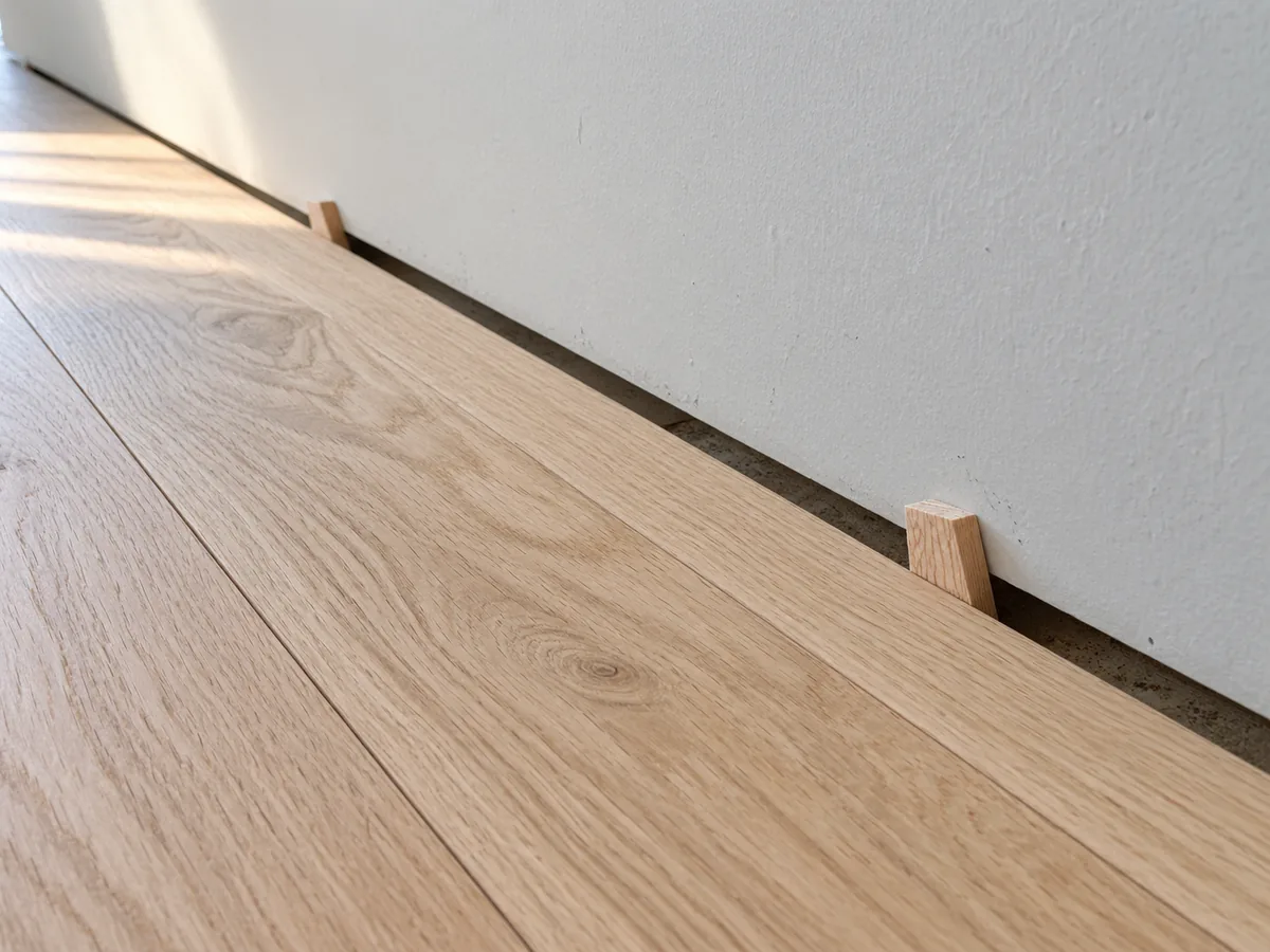 Expansion gap left between the last oak floorboard and the wall before the baseboard goes on, held open by wooden spacer blocks