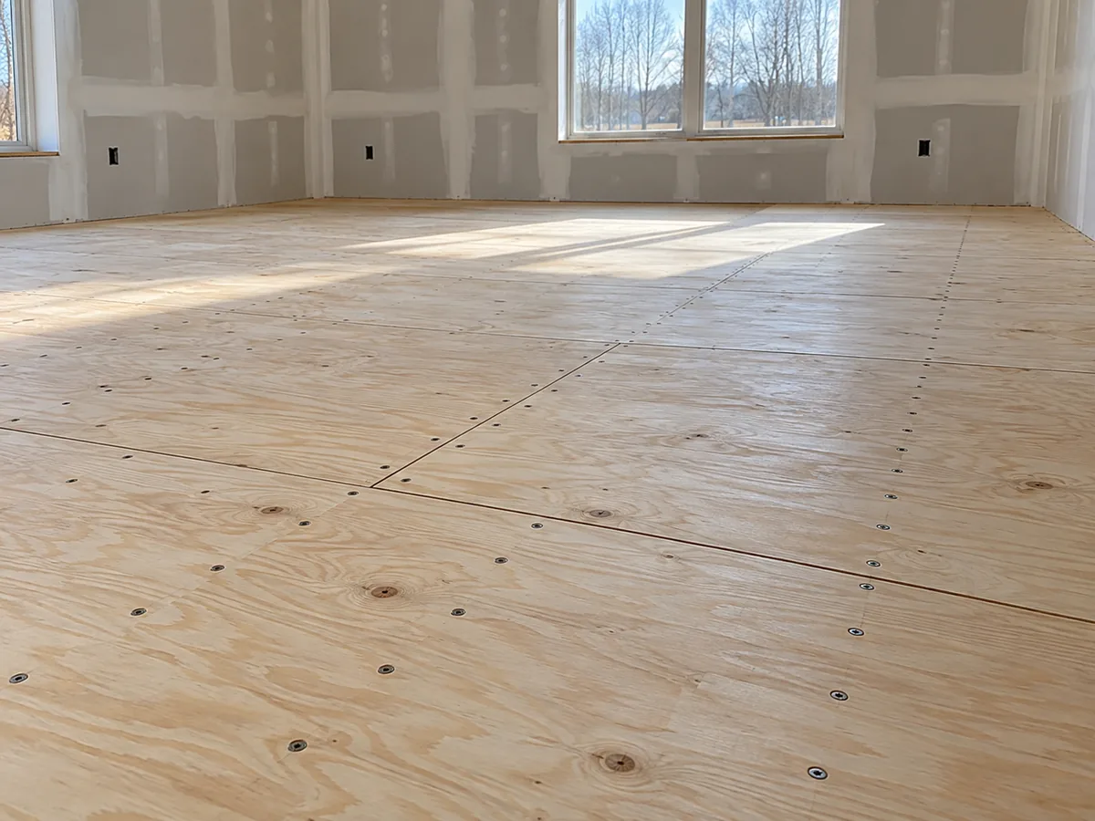 Newly laid plywood subfloor deck in an empty room, panel joints staggered and rows of countersunk screws following the joists