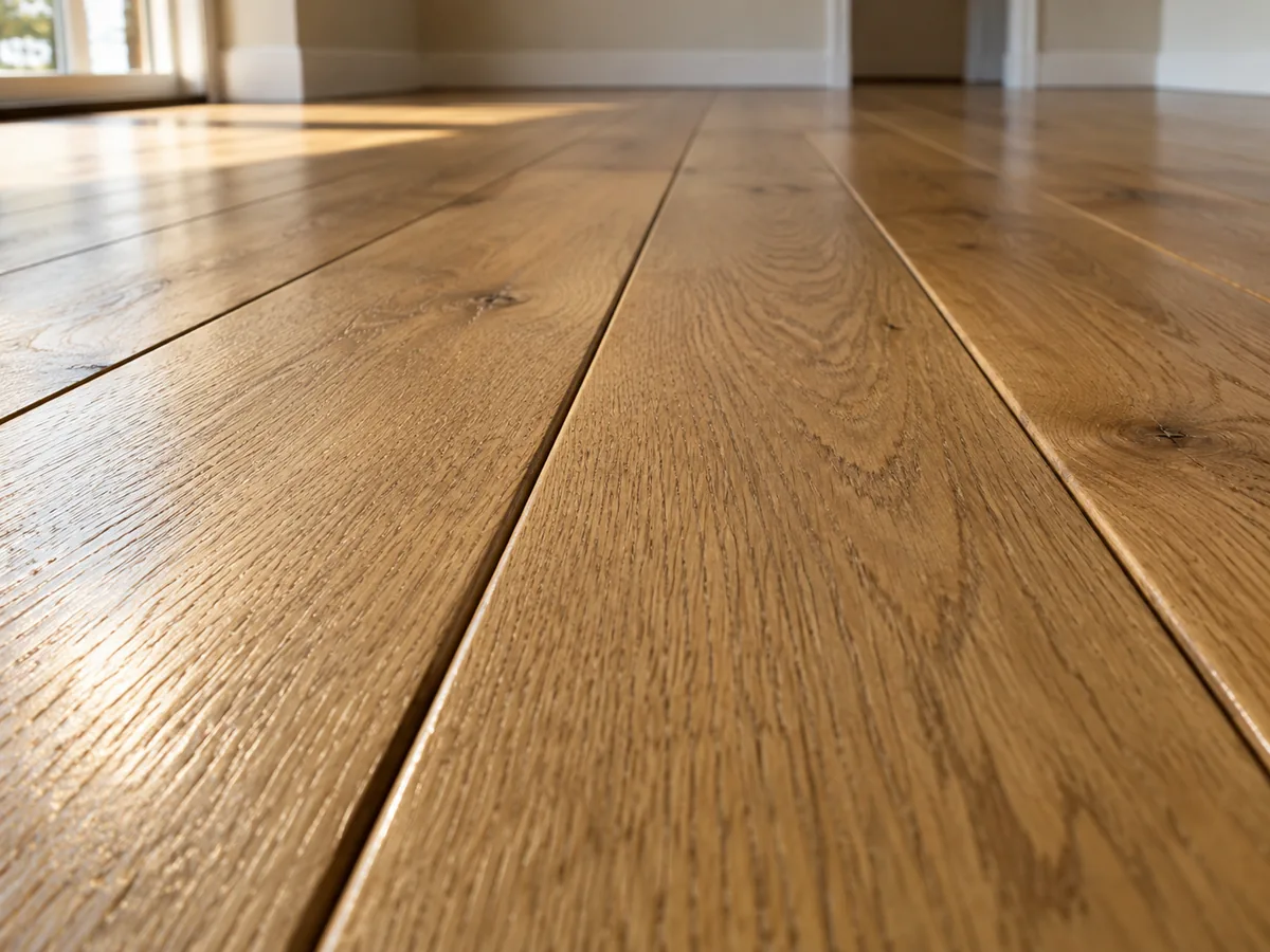 Raking light along a prefinished oak floor, dropping a line of shadow into the fine bevelled groove at every board joint