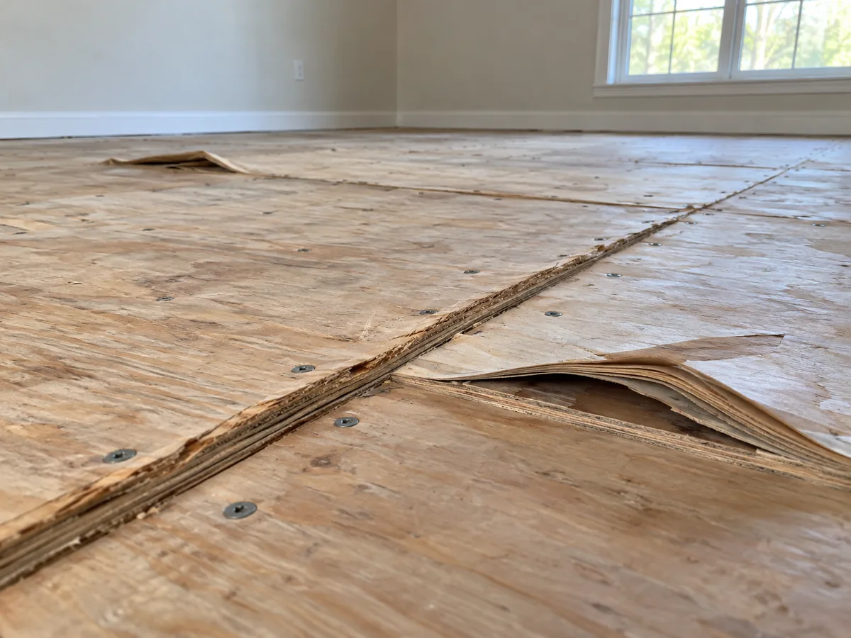 Plywood subfloor decking swollen along its panel joints, the face veneer peeled back in sheets to expose the glued plies, with rows of screw heads across every sheet