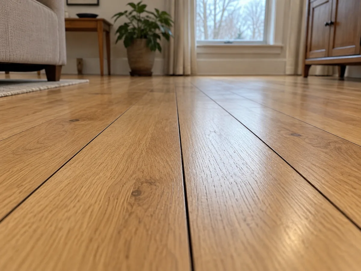 Thin, even gaps opened at every joint of a flat oak floor in a furnished room during the heating season