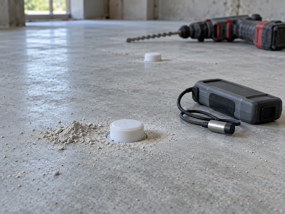 Capped humidity probe sleeve seated in a hole drilled into a concrete slab, with a handheld reader and rotary hammer beside it
