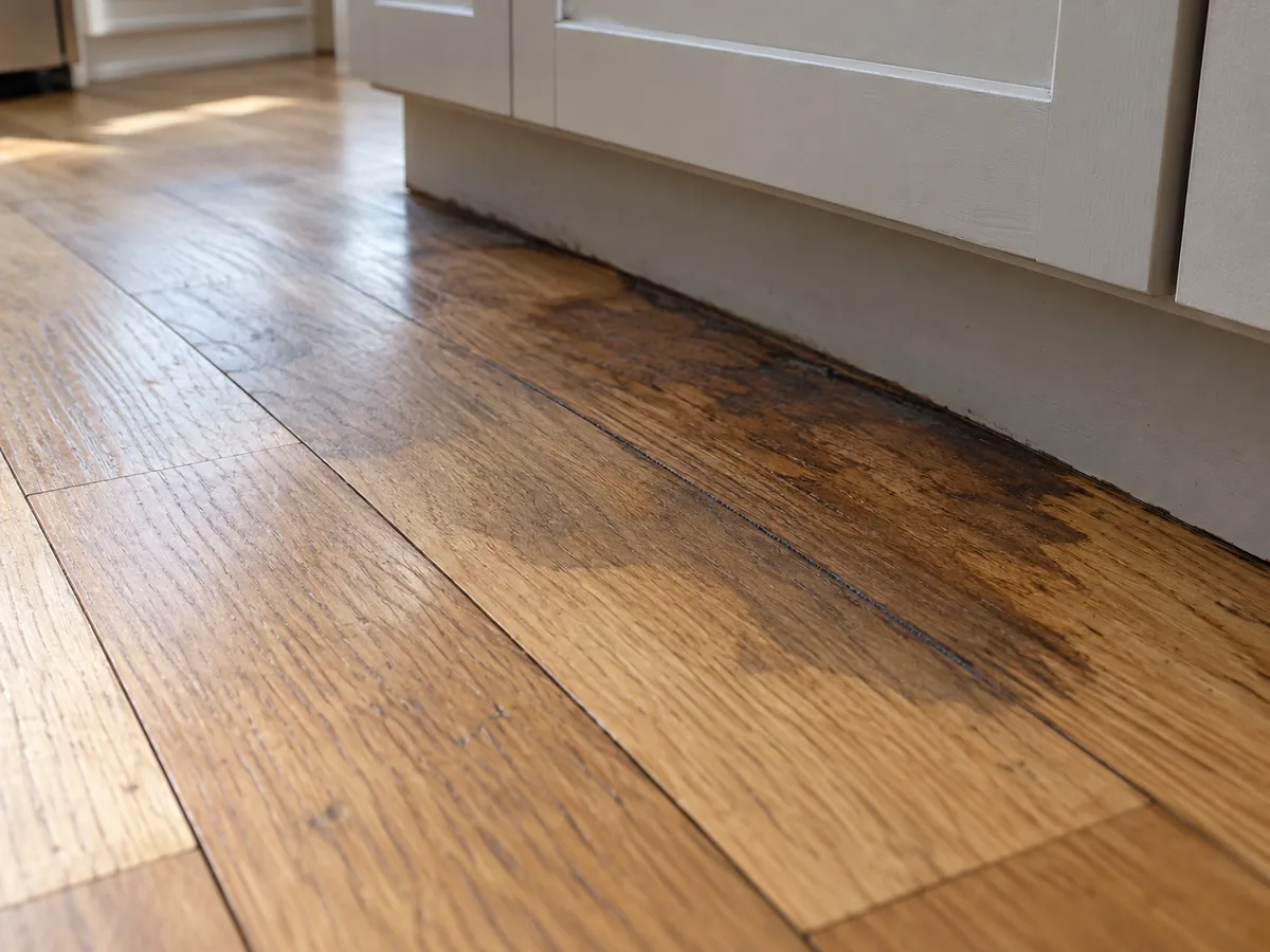 Dark stain bloomed out from under a kitchen cabinet base across several oak boards, deepest at the joints