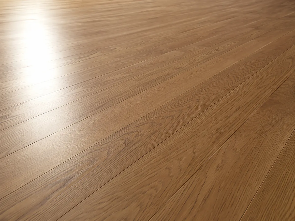 Smooth-sanded oak floor under raking light, flat with no surface relief