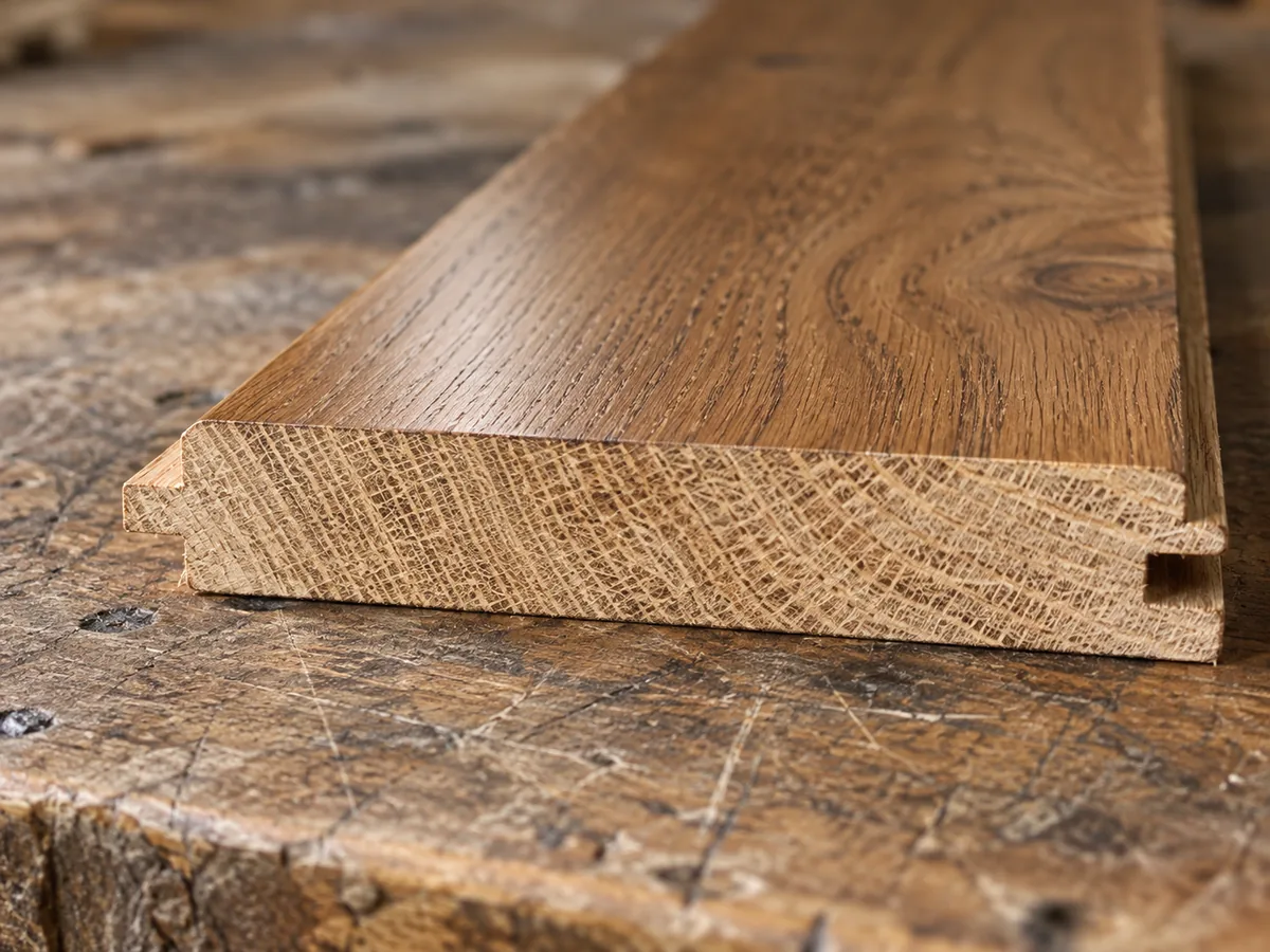 Cut end of a solid oak floorboard on a workbench, one unbroken piece of wood from the finished face to the underside with a tongue milled along its edge