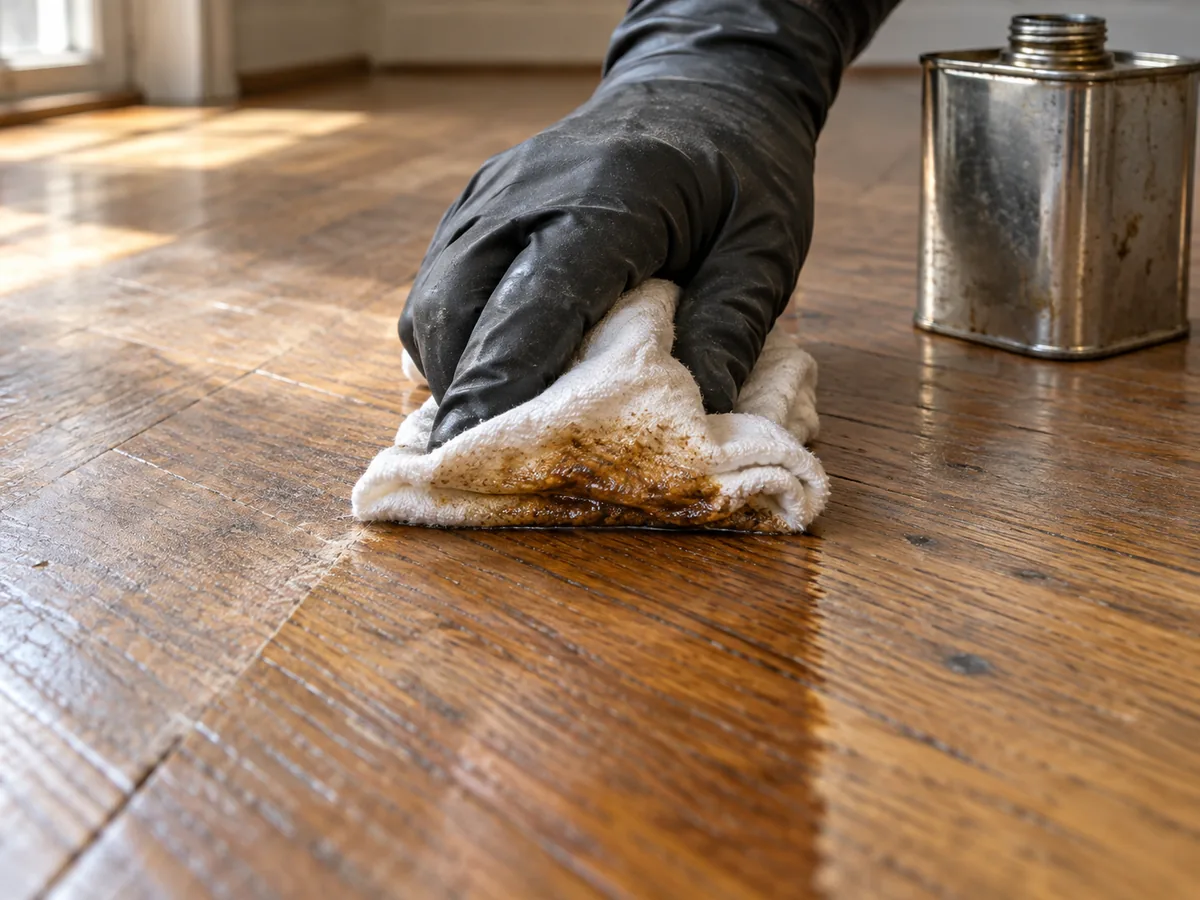 White rag wiped across an older hardwood floor with mineral spirits, old wax lifting onto the cloth as an amber smear