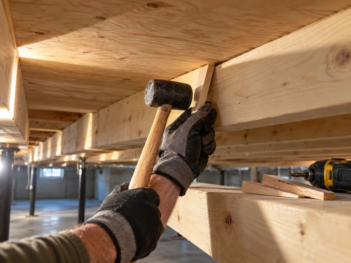 Hardwood shim tapped into the gap between a floor joist and the subfloor from a dry basement, stopping a squeak at its source