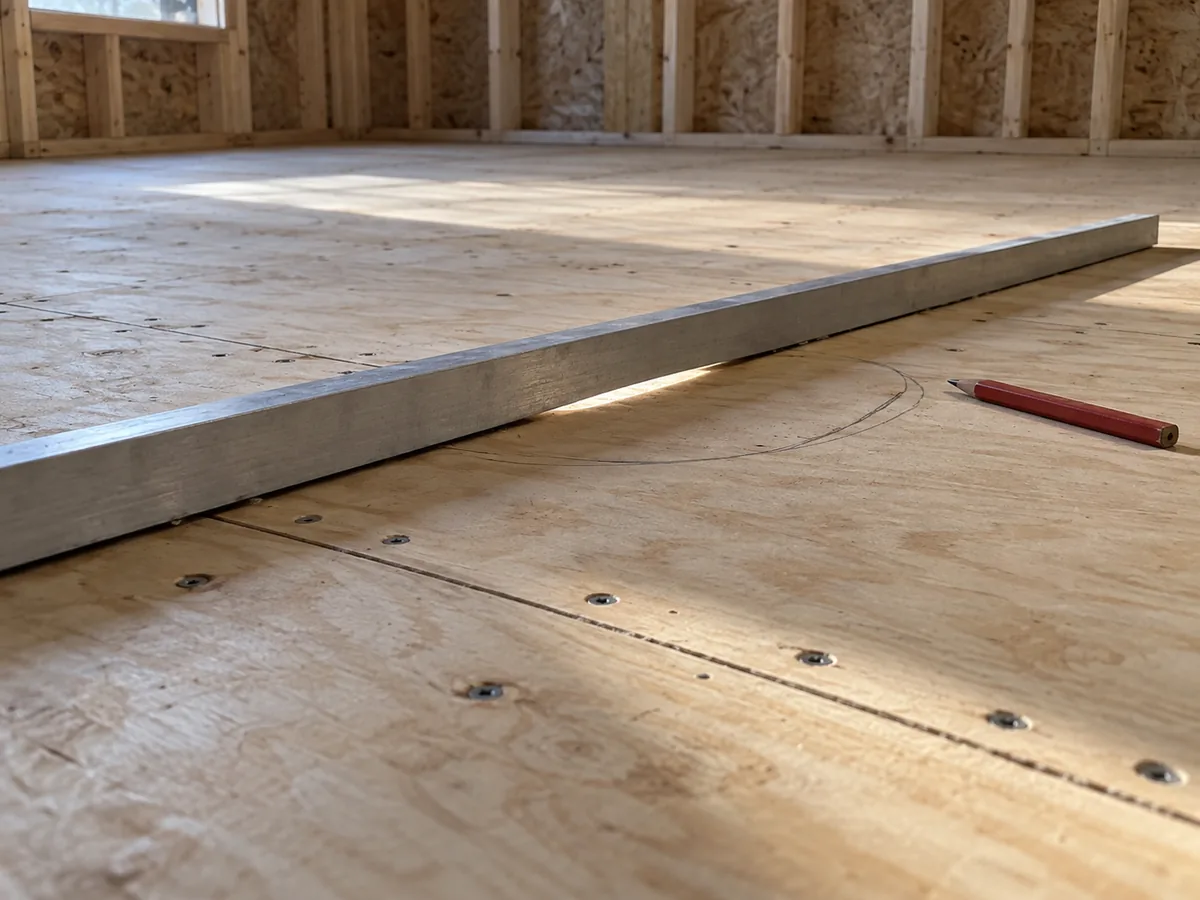 Long aluminium straightedge resting on a plywood subfloor, daylight showing through the gap where it bridges a dip in the deck