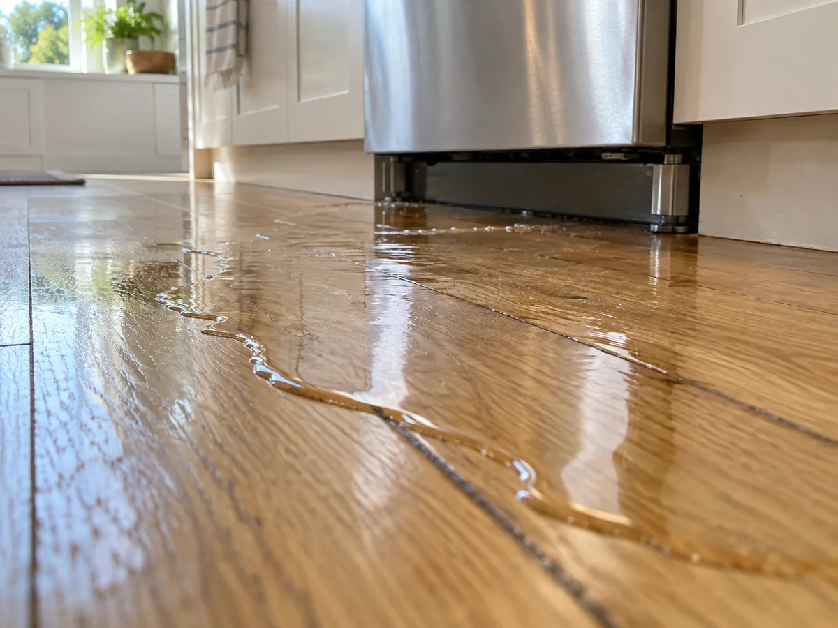 Clear water spreading across an oak floor from beneath a dishwasher toe-kick, the board joints darkening along the wet edge